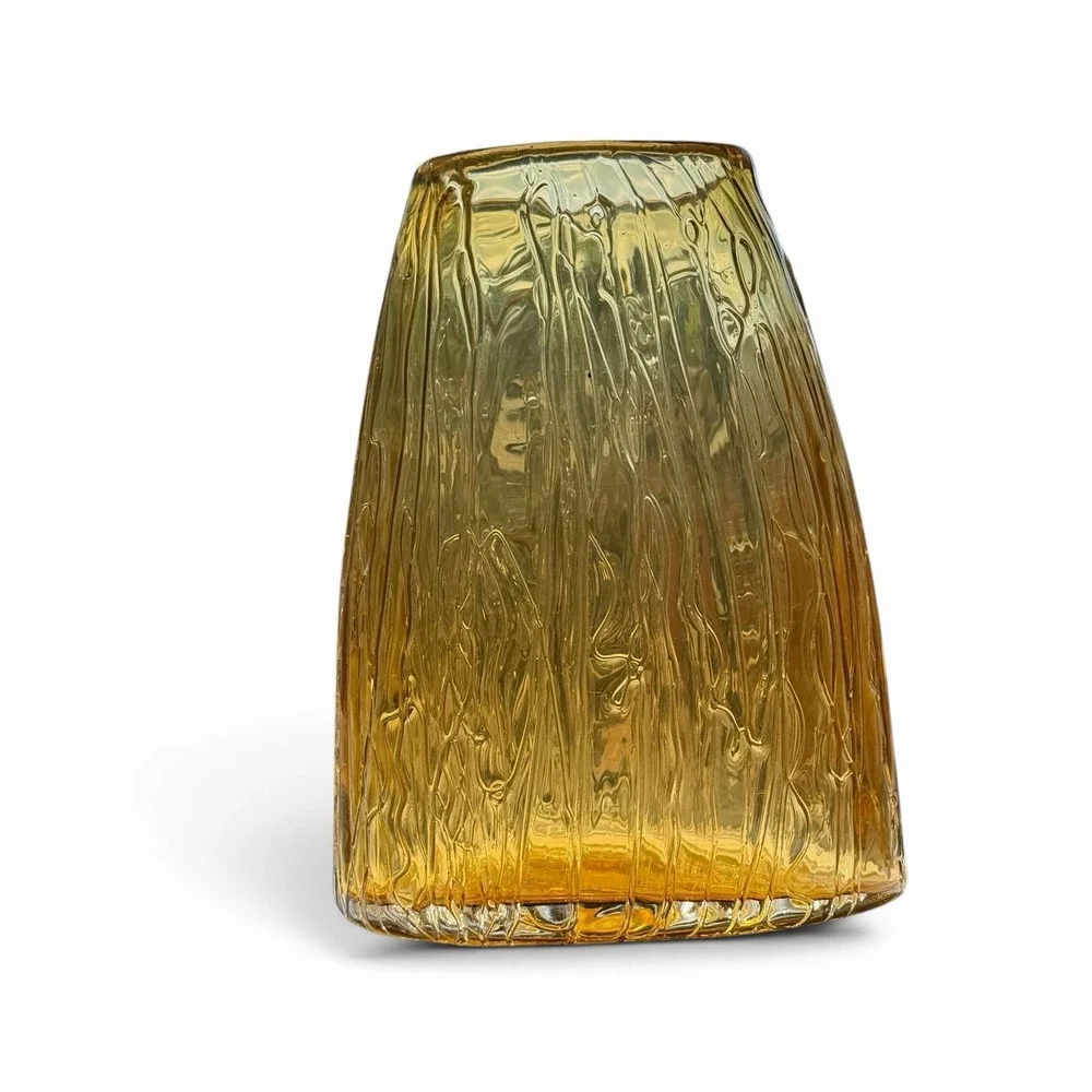 Vintage Empoli Amber Glass Vase Embossed Wax Drip Design Flat Oval Shape MCM 10